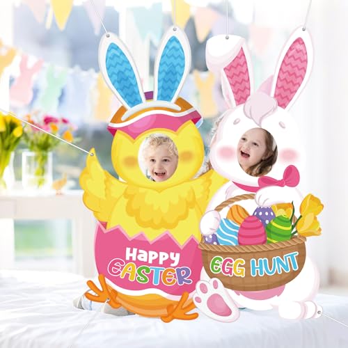 WovWeave Easter Decorations Face Hole Banner Large Polyester Backdrop for Egg Hunt Party Supplies Funny Spring Holiday Photo Prop with Grommets Washable Hanging Wall Background for Family Guests - style: Easter