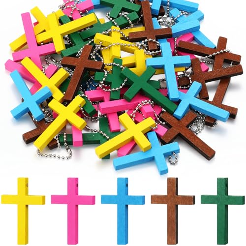 Hicarer Wooden Cross Keychain Bulk Christian - color: Classic Mixed Color