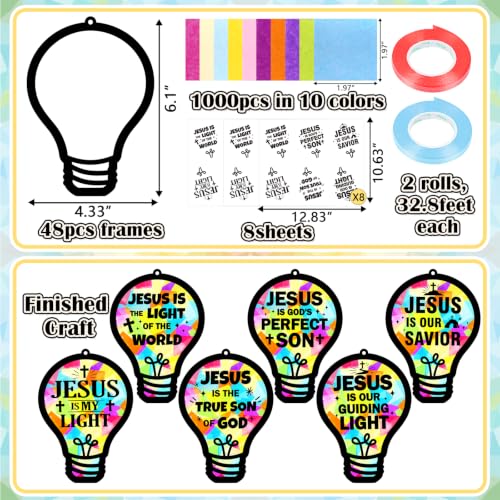 48PCS Sunday School VBS Crafts Bulk: Paper Lightbulb Cross Nativity Suncatchers, Religious Christian Activity DIY Kits Church Decorations, Window Stained Glass Effect Art Supplies(Jesus Style) - style: colorful bulb cross