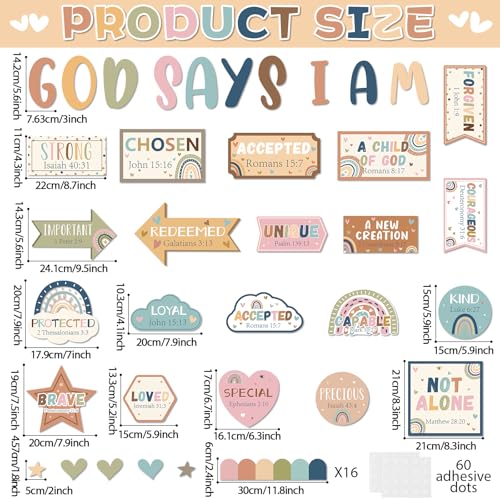 Christian Bulletin Board Decorations Classroom Motivational Bulletin Board for Welcome Back Boho Rainbow God Says I Am Cutout Inspirational Religious Wall Decors for Sunday School Home Church Supplies