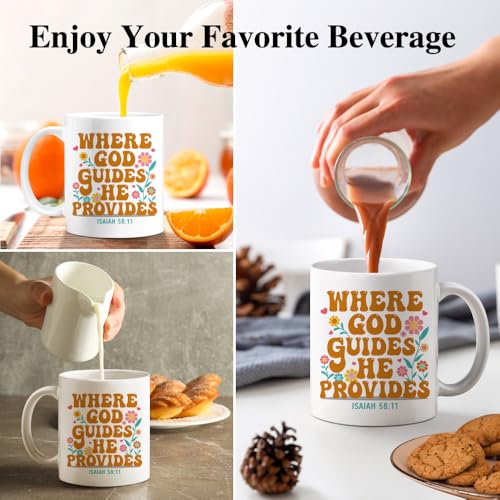 Where God Guides He Provides 11oz Double-Sided Ceramic Mug, Funny Christian Mugs for Women Men, Christmas Birthday Thanksgiving Bible Verse Coffee Cup, Religion Christian Gifts for Family Friend - color: White50