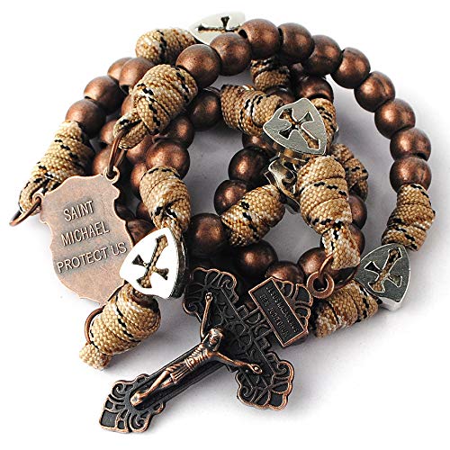 HanlinCC Catholic Rosary Paracord Large Metal Beads St.Michael Medal Men - style: Antique Copper St.Michael Paracord Rosary