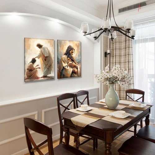 2Pcs Christian Wall Art Jesus Hug Woman Wall Decor Safe Haven Poster Canvas Print Christian Spiritual Painting Bible Art Picture Jesus and Girl Mural for Living Room Bedroom Office 12x16in Canvas - size: 12L" x16W"