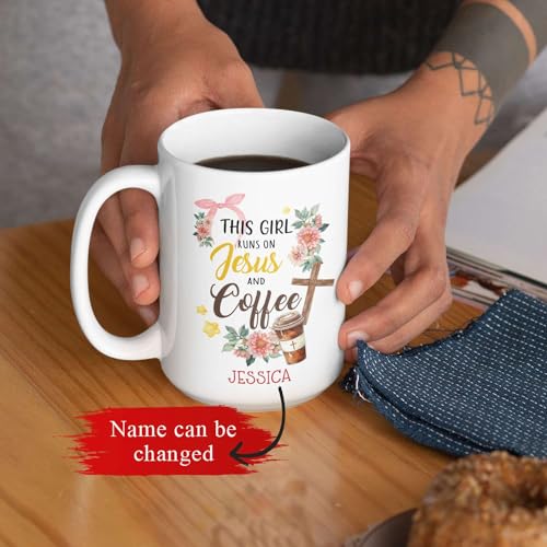 Christian Themed Coffee Cup - This Girl Runs on Jesus and Coffee Mug, Personalized Name Ceramic Cup 11oz 15oz, Custom Religious Gift for Children - color: XUA-324-1558-JESUS AND COFFEE MUG