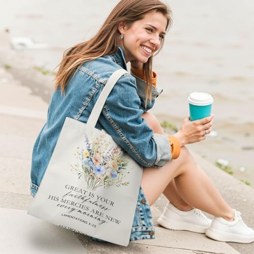 Christian & Irish Blessing Floral Tote Bag, Bible Verse Faith Canvas Tote Bags for Women - color: Wildflower Mercy Verse