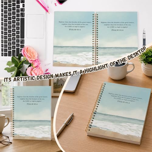 Bible Christian Journal, Inspirational Scripture Notebooks For Prayer Women Gifts, 5.7"×8.2" Watercolor Sea Spiral Hardcover Notebook, Mightier Than The Thunder Church Notes Journal Supplies (A07)