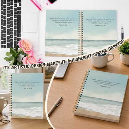 Bible Christian Journal, Inspirational Scripture Notebooks For Prayer Women Gifts, 5.7"×8.2" Watercolor Sea Spiral Hardcover Notebook, Mightier Than The Thunder Church Notes Journal Supplies (A07)