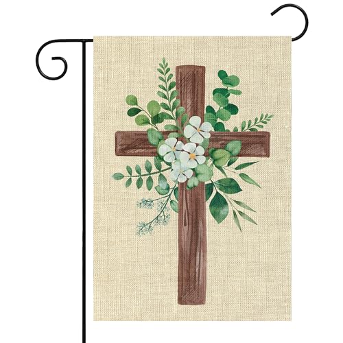 WATINC Spring Summer Eucalyptus Christian Cross Linen Garden Flag- 12 x 18 Inch Easter Religious Yard Flag for Outside, Double Sided House Outdoor Decoration for Porch Lawn Pathway (Green) - color: Green