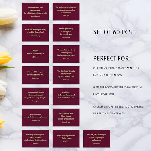 Bible Verse Cards, 60 Mini Prayer Cards on 300GSM Pearl Paper - color: Burgundy
