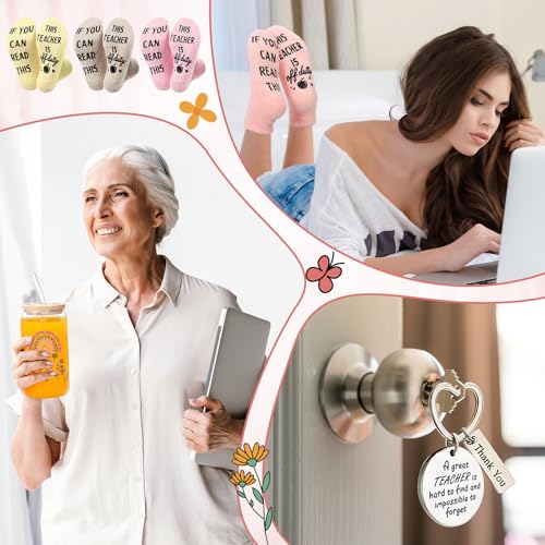 Funnymoom 12 Pcs Teacher Gift Set for Women Flower Theme 16 oz Inspirational Glass Cups with Lids and Straws Brushes Motivational Socks and Thank You Keychains End of Year Graduation Gift for Teacher - style: Flower