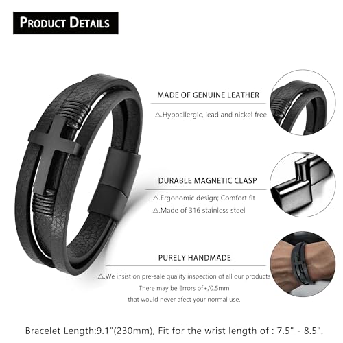 Leather Cross Bracelet Braided Faith Bangle for Men, 8.3 &9.1 Inch - color: 04.Black cross, size: 9.1in(Fits larger wrists)