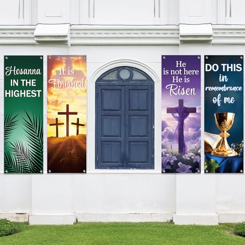 4Pcs Easter Church Banners for Sanctuary Wall Welcome Religious Banners Hanging Backdrop Easter Porch Signs Bible Verses Banner Scripture Hanging Signs for Church School Decor - style: Religious Scripture