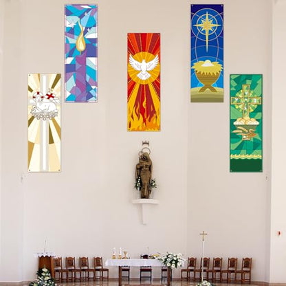 5 PCS Religious Church Banners Church Banners for Sanctuary Wall Welcome Religious Praise Hanging Sign Decorations for Holiday Churches Sunday School Decor Supplies 2 x 6 ft