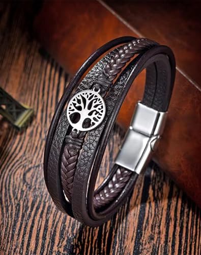 YL Mens Cross Viking Celtic Ankh Odin Compass Life Tree Leather Bracelet, 18K Gold/Black Rhodium Stainless Steel Christian Religious Protection Talisman Brown Cuff Handcrafted Jewelry Gifts - color: 18K White Gold-Life Tree-Brown, size: 8.3"(210mm)