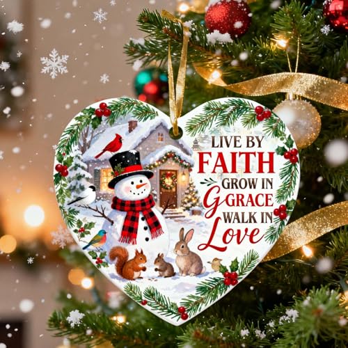 Christmas Ornaments 2026, Inspirational Snowman Ceramic Ornament - Live by Faith, Grow in Grace, Walk in Love, Keepsake for Faithful Celebrations, for Family, Friends - color: Snowman-heart