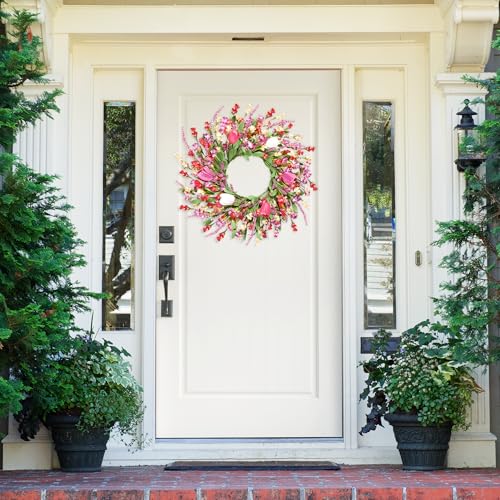 Sggvecsy Spring Summer Wreath for Front Door 22 Inch Artificial Colorful Flower Wreath with Colorful Tulips Greenery Leaves Lavender for All Seasons Home Farmhouse Indoor Outdoor Wall Decor (Mixed) - color: Colorful