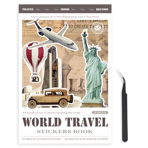 Bomichi Travel Sticker Book, 32 Sheets 377 Pcs Vintage Aesthetics Stickers & 20 Sheets Washi Paper for Journaling Scrapbooking Bullet Journals Planners Letter Card Making - style: Travel sticker book