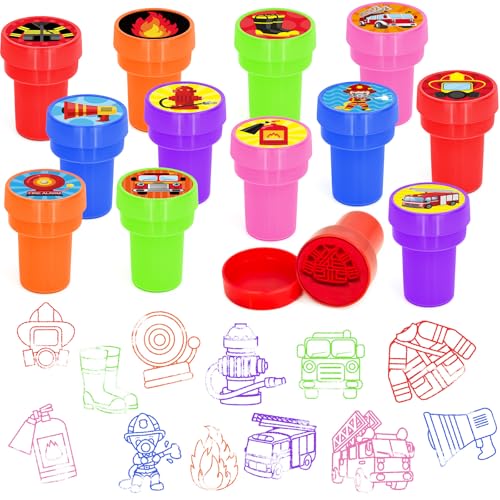 Cinrobiye 24 Pcs Fire Truck Stampers Party Favor Set, Cute Firefighter Truck Stamps for Kids Birthday Party, Classroom Rewards, Carnival Prizes, Goody Bag Fillers, Fire Safety Party Supplies - color: Fire Truck