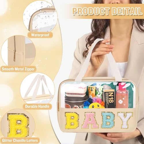 Preppy Clear Baby Makeup Bags with Chenille Letter Patches, Travel Essentials Large Clear Make up Bag Zipper Pouch with Handle, Waterproof Nylon Cosmetic Toiletry Storage Tote for Women (BABY-Beige) - color: BABY-Beige