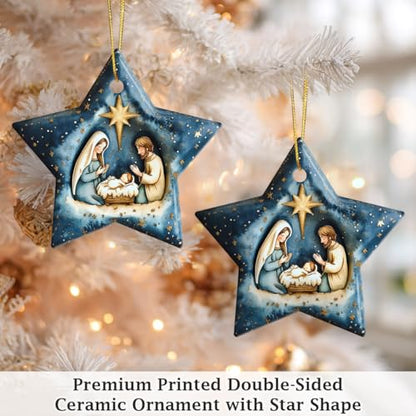 Nativity Scene Ornaments for Christmas Tree Decorations – Ceramic Star-Shaped Religious Christmas Ornaments with Holy Family & Bethlehem Star – Nativity Ornament