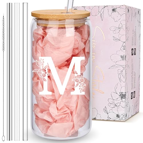 Personalized Tumbler, Monogrammed Can Glass Cups with Bamboo Lids and Straws, Customized Gifts for Women, Cute Design Initial Iced Coffee glasses, Custom Letter Mug, Birthday Bridesmaid, M - style: Monogram M