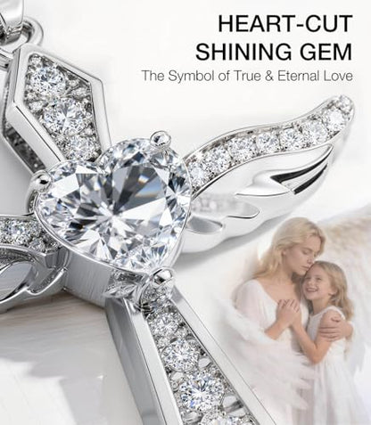 Lovans Cross Necklace for Women 925 Sterling Silver Angel Wings Pendant - color: White Gold+White CZ, size: 18"+2"