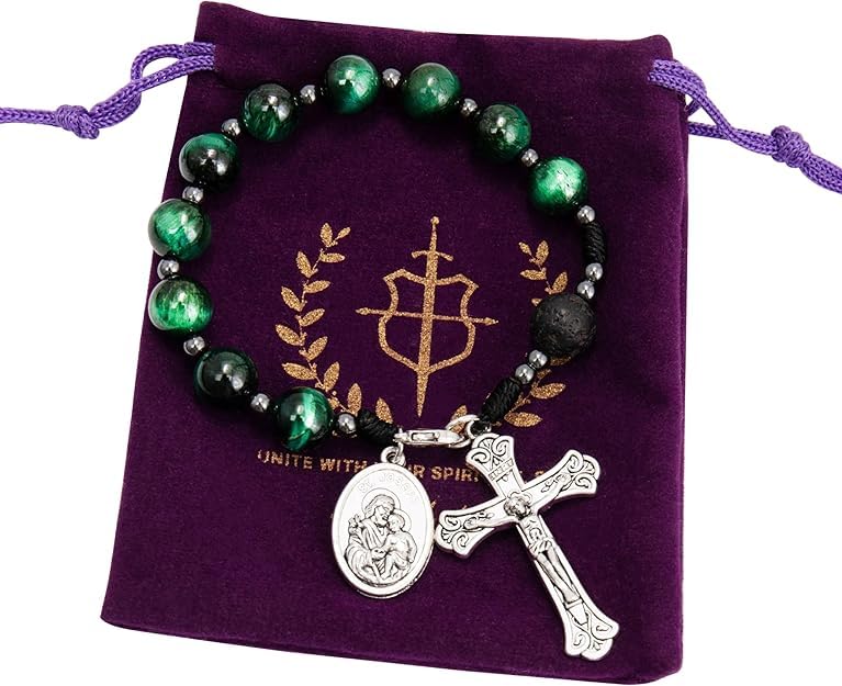 Nazareth Store Tiger Eye Beads One Decade Rosary Handmade Pocket Car Mirror with Saint Joseph Medal and Jesus Cross in Antique Silver Volcanic Stone Travel Friendly Rosary - color: Green Tiger Eye