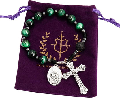 Nazareth Store Tiger Eye Beads One Decade Rosary Handmade Pocket Car Mirror with Saint Joseph Medal and Jesus Cross in Antique Silver Volcanic Stone Travel Friendly Rosary - color: Green Tiger Eye