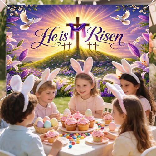IVN He Is Risen Easter Banner 71x43 Inch Christian Resurrection Cross Lily - color: He Is Risen Cross Sunrise Christian Easter