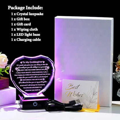 Arikyrist Goddaughter Gifts from Godmother Birthday Gift for Goddaughter from Godparents With LED Base Heart Crystal Keepsake Unique Goddaughters Gifts Idea on Mother's Day Christmas Graduation - color: Goddaughter Gifts + Light Base
