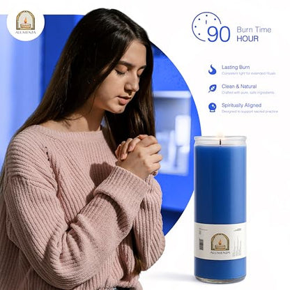 3pk Blue Azul 90hr | 7-Day Prayer Candles - Glass Jar Veladoras, Unscented Paraffin Wax | Peace, Healing & Protection Novena - Catholic Hispanic Church Altar, Memorial Vigil, Tranquility Calm - color: Blue