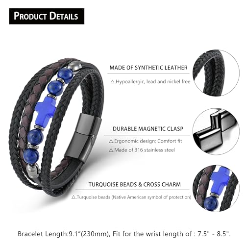 Men's Leather & Lapis/Onyx/Turquoise/Tiger Eye Cross Bracelet - Braided Christian Jewelry for Men, 8.3" & 9.1" Sizes - color: Lapis Lazuli, size: 9.1in(Fits larger wrists)