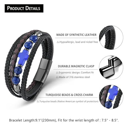 Men's Leather & Lapis/Onyx/Turquoise/Tiger Eye Cross Bracelet - Braided Christian Jewelry for Men, 8.3" & 9.1" Sizes - color: Lapis Lazuli, size: 9.1in(Fits larger wrists)