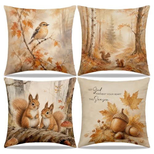 Dibor Fall Bird Squirrel Christian Throw Pillow Covers 18x18 Set of 4 - color: Fall2