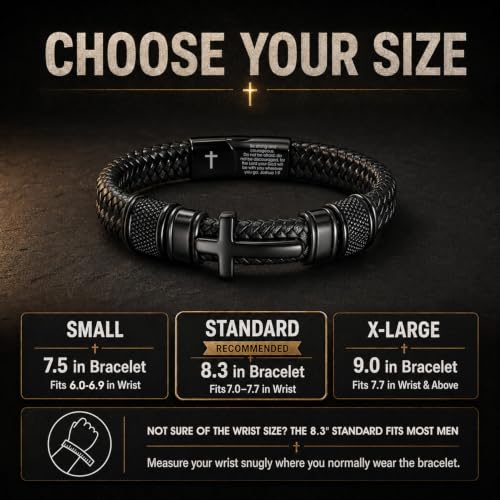 Mens Christian Bracelet, Cross Bracelet for Men, Gifts for Husband Dad Boyfriend Son, Engraved Bible Verse Jewelry, Stainless Steel Silver Cross, Black Braided Leather Bracelets
