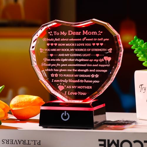 Arikyrist Gifts for Mom with Colorful LED Base Moms Birthday Gifts from Daughter Son to My Mom Gift Crystal Heart Keepsake Best Mother Presents Idea for Christmas Mother's Day Valentine - color: Mom Gifts + Light Base