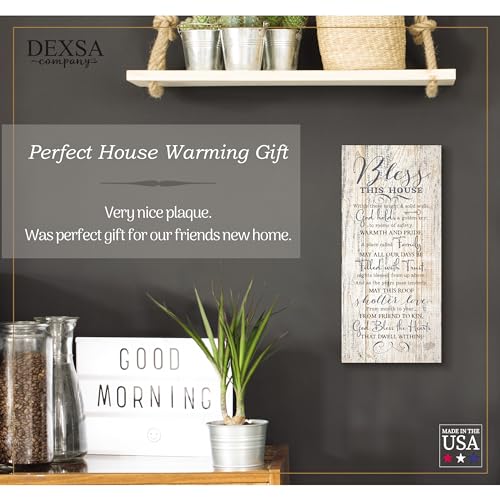 DEXSA Bless This House Wood Plaque - Made in the USA - 5.5x12 - Classy Frame Wall Hanging Decoration | Within these bright & solid walls, God holds a golden key | Christian Religious Home Decor Saying
