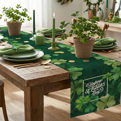 St. Patrick's Day Table Runner with Glitter Clover, Shiny Gold Dots Shamrocks Saint Patricks Day Decorations, 100% Polyester Seasonal Table Decor for Home Party, 13x72 Inch - style: Dark Green Sparkling