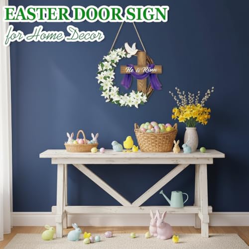 11.5 Inch Wooden He is Risen Easter Cross Wreath Door Sign