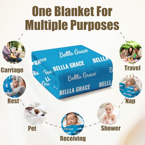 Ships Next Day, Personalized Baby Blanket with Name - Custom Newborn Hospital Swaddle Blanket, Super Soft Plush Flannel Baby Gift for Birth Announcement Shower Easter Gifts for Toddler Kids - color: Blue