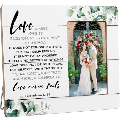 Religious Scripture Picture Frame, Christian Wedding Gifts, Love Never Fails, Love Never Fails 1 Corinthians 13:4-8 Picture Frames, 4x6 Inch Photo
