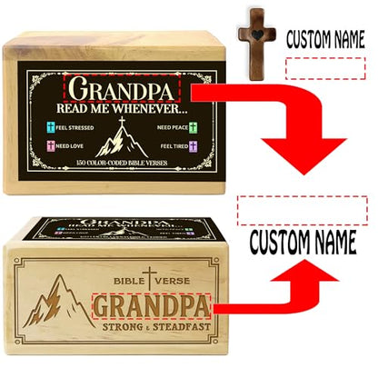 Personalized Grandpa Bible Verse Box with 150 Color-Coded Scripture Cards, Custom Name Prayer Box with Wooden Pocket Cross, Christian Gift for Grandpa, Christmas, Father’s Day - color: Grandpa