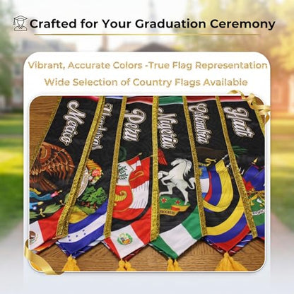 Graduation Stole Class of 2026 Reversible Sash with Gold Glitter Trim and Tassels V-Neck 72 Inch Satin - color: Mexico & America
