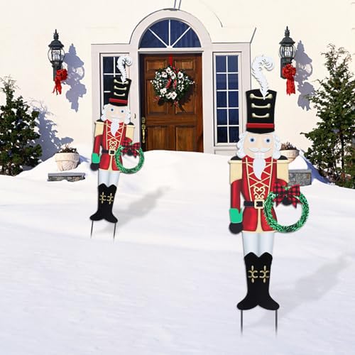 Christmas Yard Sign Decorations Outdoor Christmas Nutcracker Wreath Yard Signs with Metal Stakes for Xmas Holiday Party Lawn Sign Garden Decor Outdoor Yard Signs - style: Nutcracker