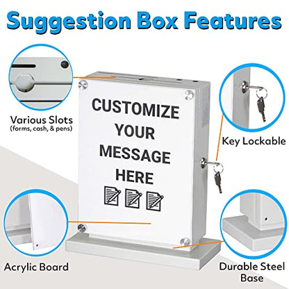 POCHAR Large Metal Suggestion Box With Slot and Lock, Safe Lock Tip Jar - color: White