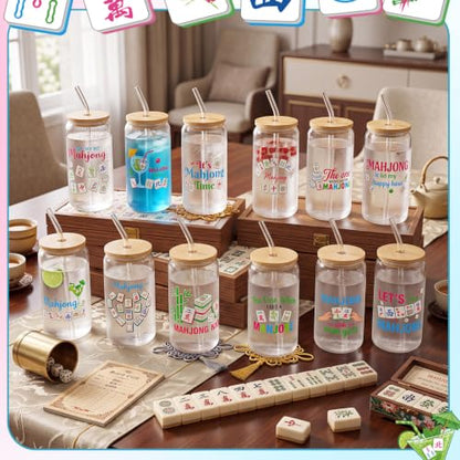 Teenyyou 12 Set of Mahjong Glass Cup with Bamboo Lid and Glass Straw 16oz Mahjong Glasses Jar Summer Drinking Cups Beer Iced Coffee Cup Tumbler Mugs for Women Men Birthday Party or Game Night Gifts - style: Mahjong