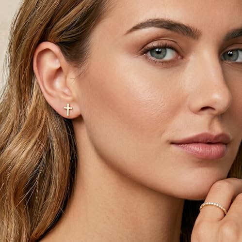 Reffeer Solid 925 Sterling Silver Cross Stud Earrings for Women Teen Small Cross Earrings Studs - color: B-Yellow