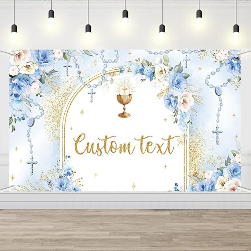 AIBIIN First Holy Communion Custom Backdrop for Boy Mi Primera Comunión Personalized Party Decorations Blue and Elegant Floral Party Banner Dove Bible God Bless Party Photo Prop 6x3.6ft - color: Blue Custom, size: 6x3.6ft