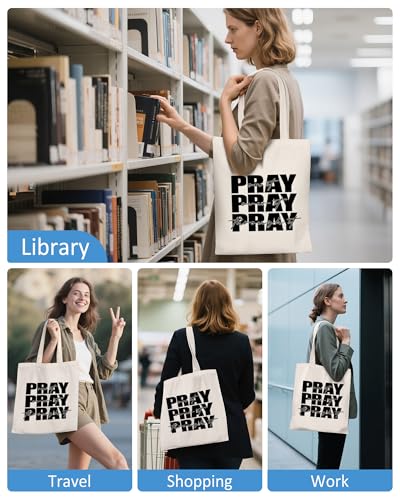 Women's Pray On It Pray Over It Pray Through It Canvas Tote Bag Religious Prayer Christian Gift Reusable Grocery Bag - color: White