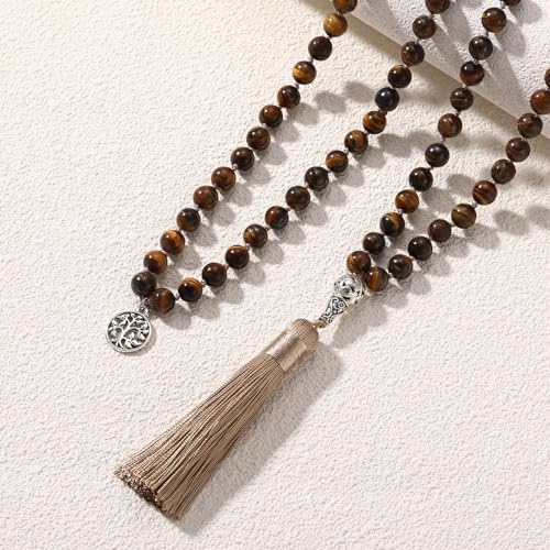INBLUE 108 Mala Prayer Beads Wrap Necklace with Long Tassel Boho Necklace for Women Amazonite Bead Bracelet with Spiritual Tree of Life Pendant 108 Beads Necklace for Meditation - color: Natural Tiger Eye